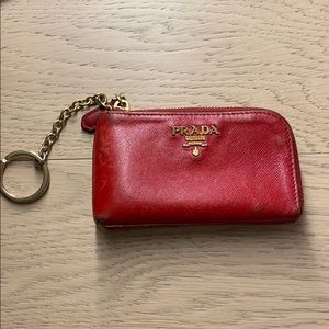 Prada saffiano keychain wallet in red/gold